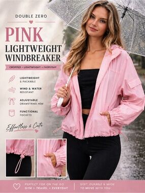 Double Zero Pink Lightweight Nylon Windbreaker Jacket Zip Up Cropped Drawstring.
